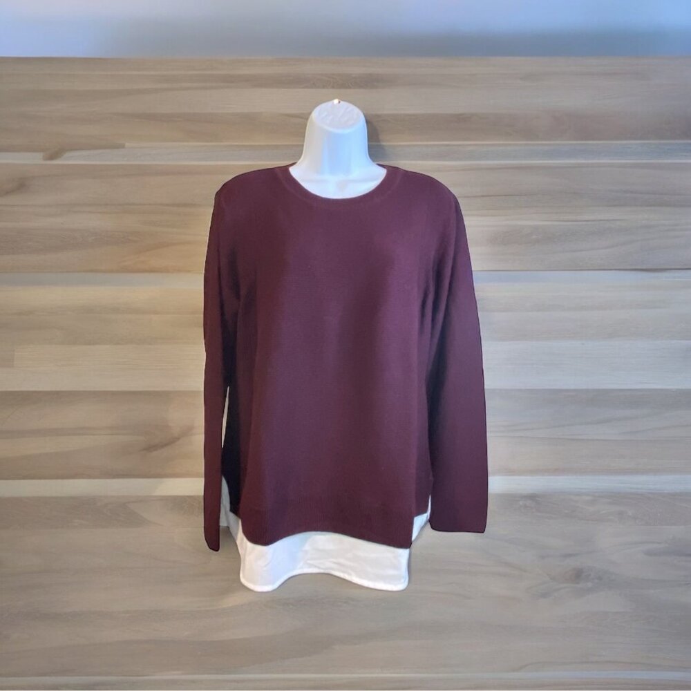 Hilary Radley Womens Sweater XL Burgundy Layered White Hem Long Sleeve Preppy